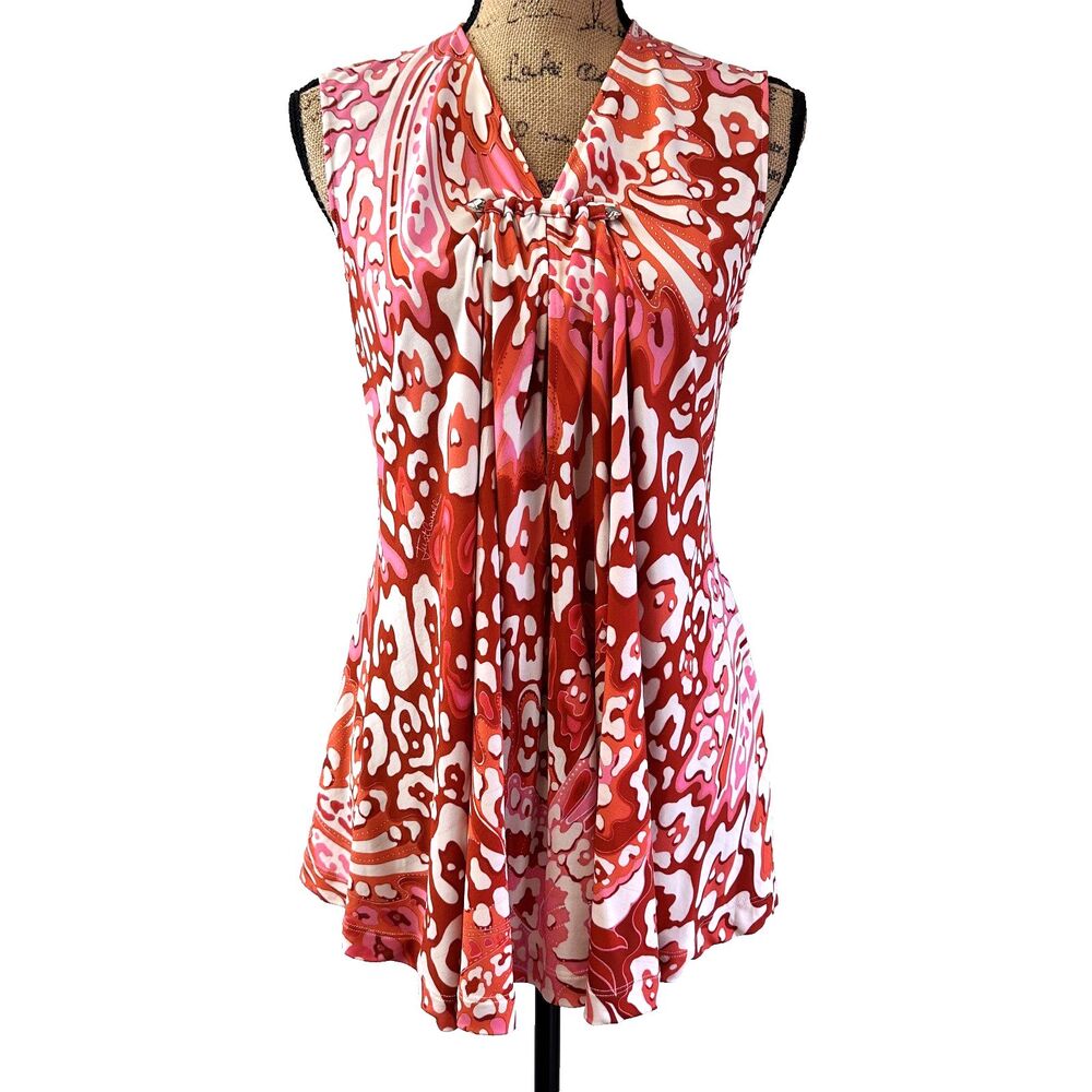 Just Cavalli Women's Red White Printed Knit Sleeveless Flowy Top Sz 6/42 Italy